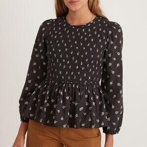 Marine Layer Gabrielle Top Floral Smock Peplum Blouse Black Modern Ditsy NWT XS